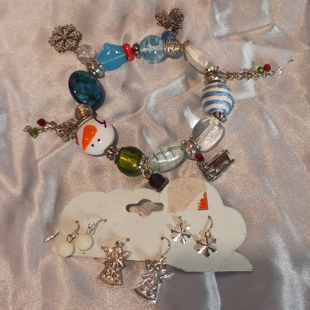 Silver Tone Holiday Glass Bracelet And Silver Tone Earrings